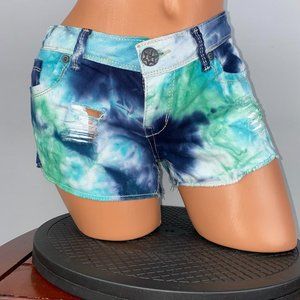 Hippie Laundry Juniors 7 Blue Green White Tie Dye Distressed Fringe Hem Shorts